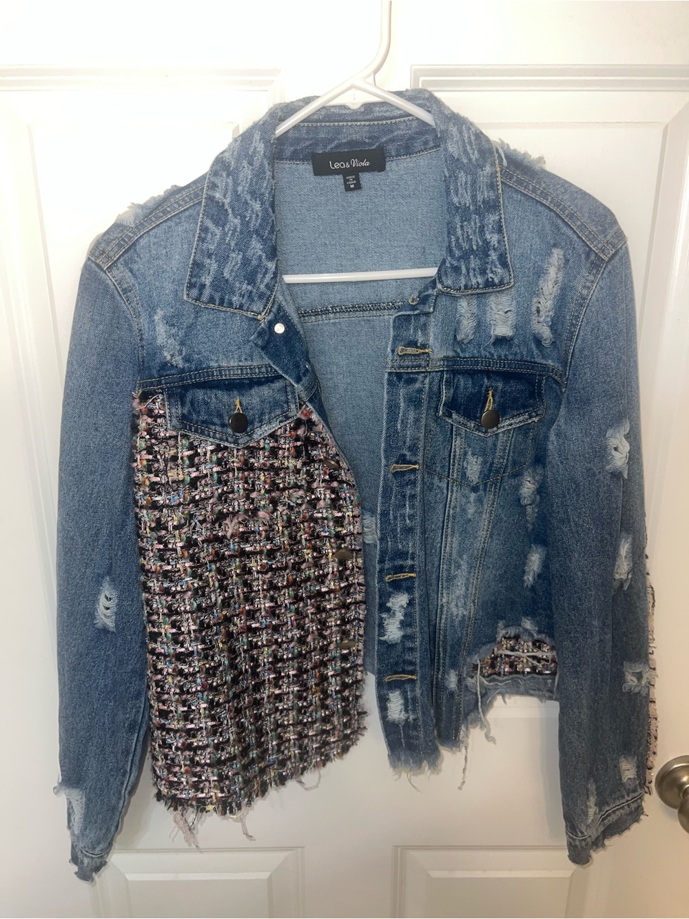 Lea & Viola Blue Distressed Denim Jacket with Tweed Patch